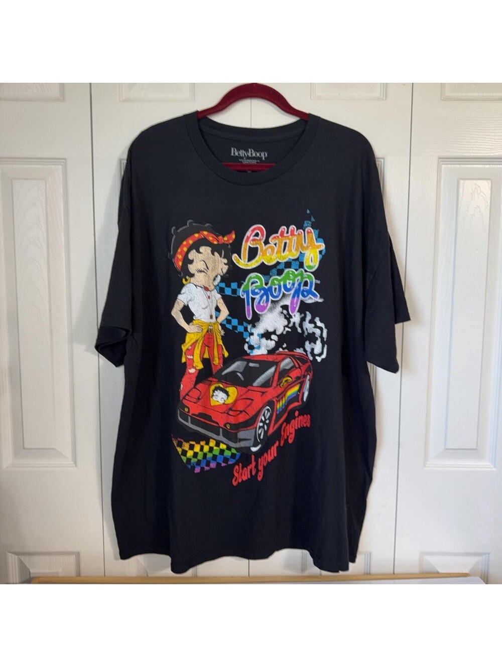 Betty Boop Black T-Shirt with Colorful Racing Graphic, Size 3XL